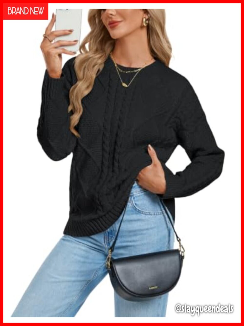 Cable Knit Oversized Pullover Sweater Crew Neck Long Sleeve